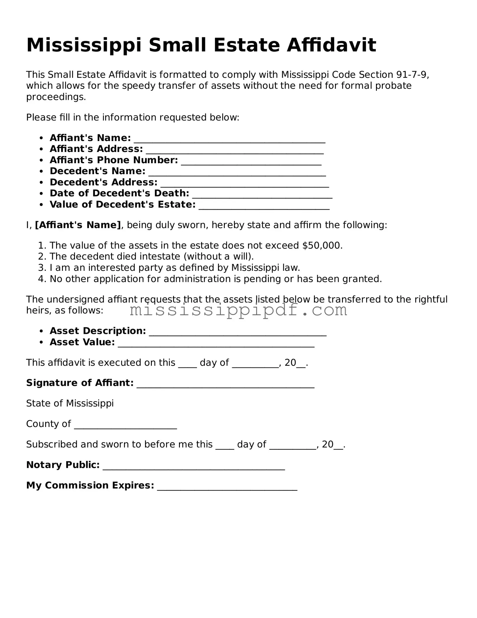 Fillable  Small Estate Affidavit Template for Mississippi
