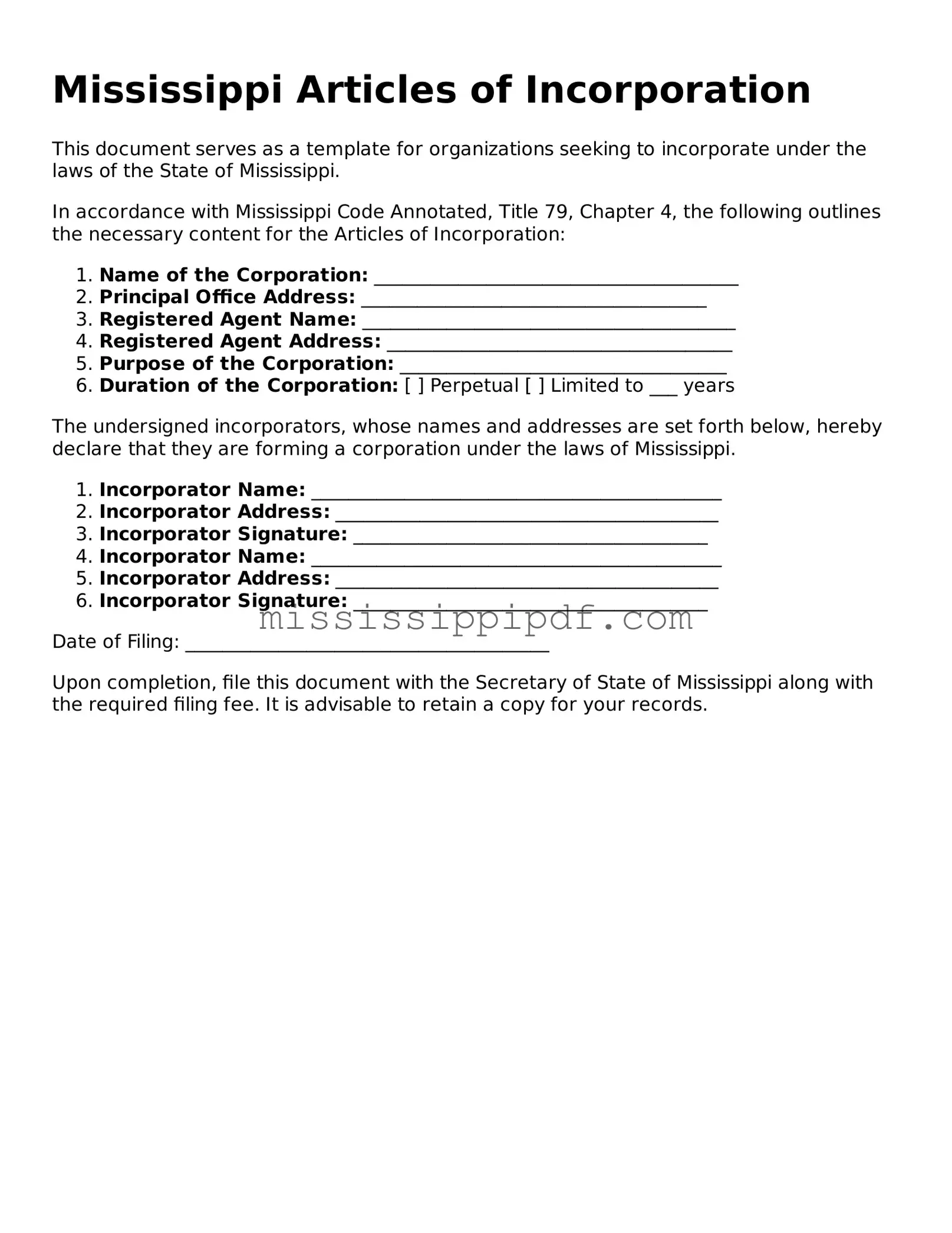 Fillable  Articles of Incorporation Template for Mississippi