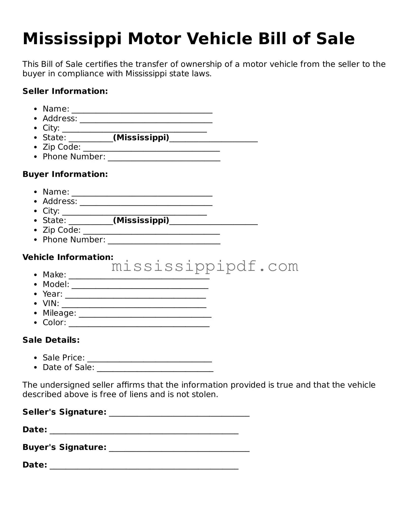 Fillable  Motor Vehicle Bill of Sale Template for Mississippi