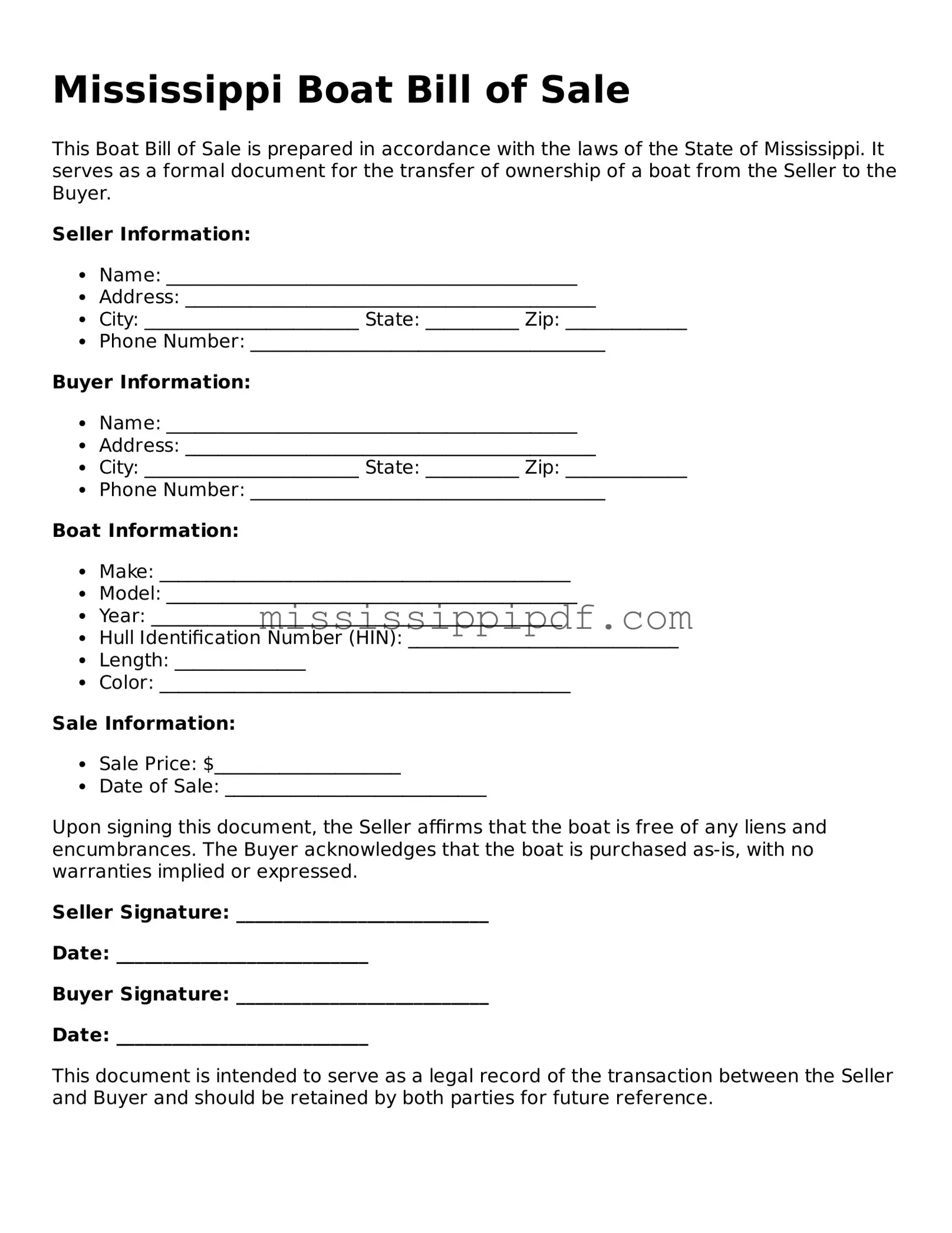 Fillable  Boat Bill of Sale Template for Mississippi