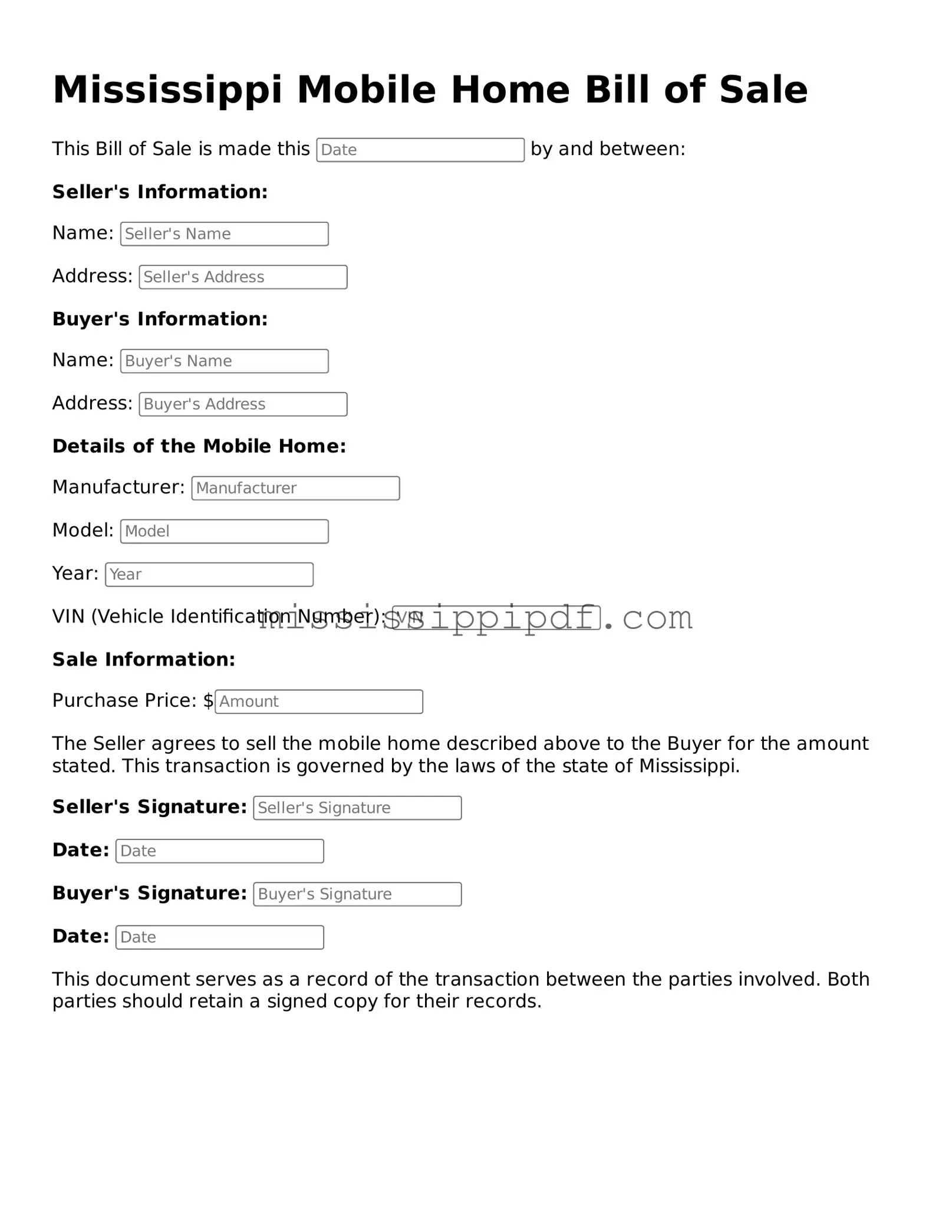Fillable  Mobile Home Bill of Sale Template for Mississippi