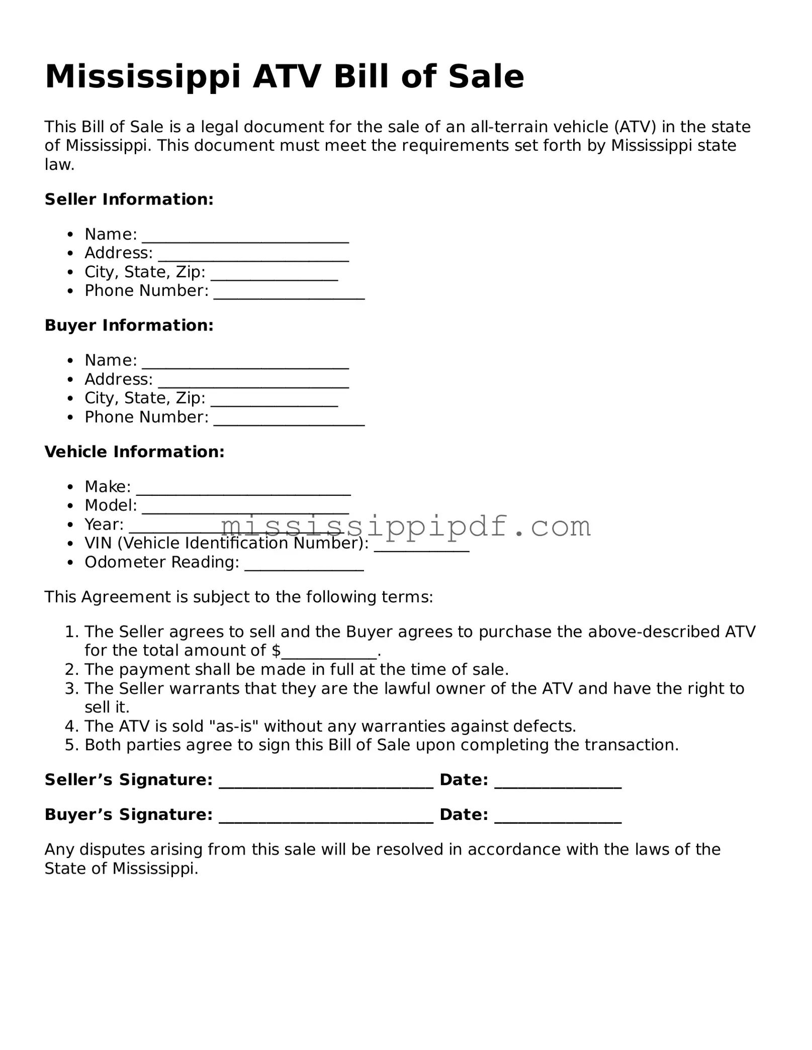 Fillable  ATV Bill of Sale Template for Mississippi