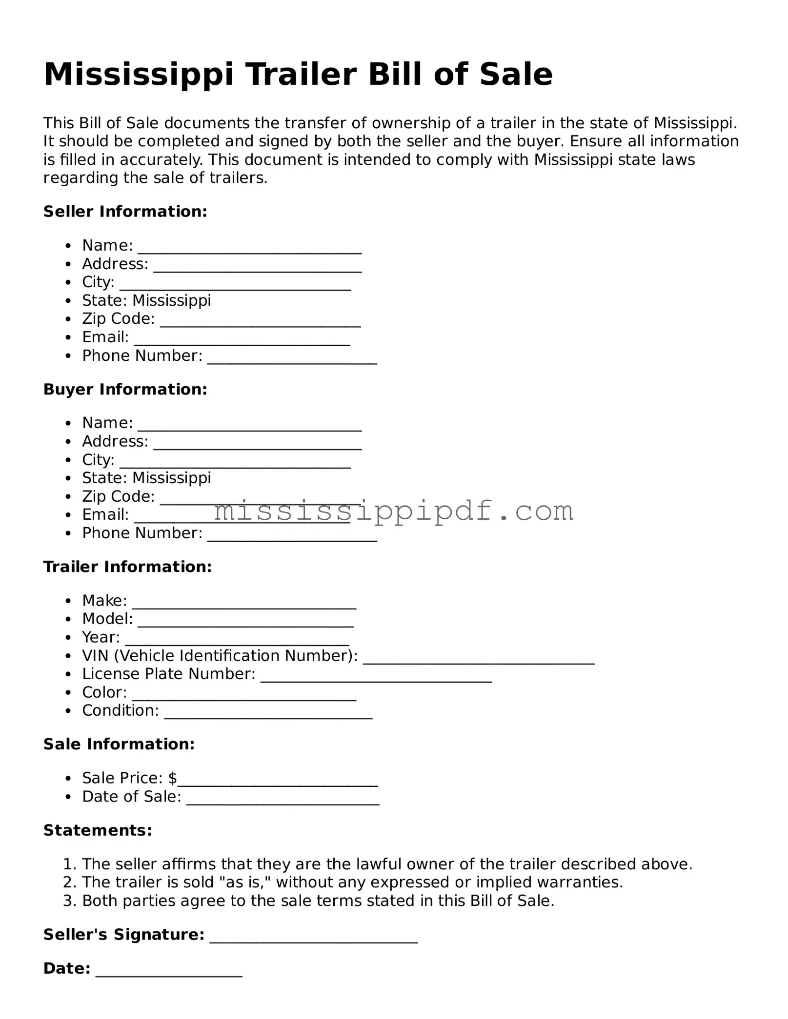 Fillable  Trailer Bill of Sale Template for Mississippi