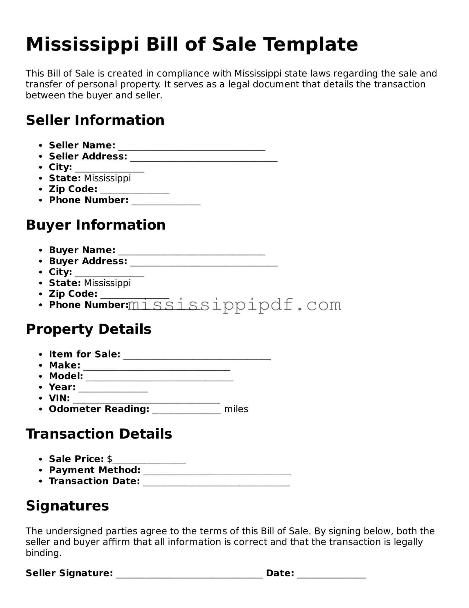 Fillable  Bill of Sale Template for Mississippi