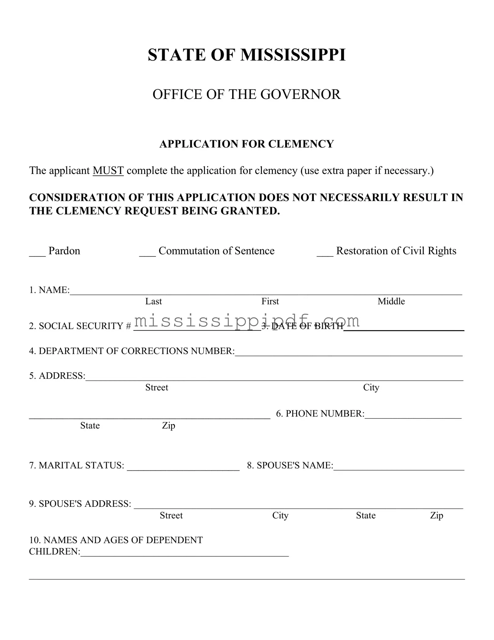 Get Mississippi Clemency Form
