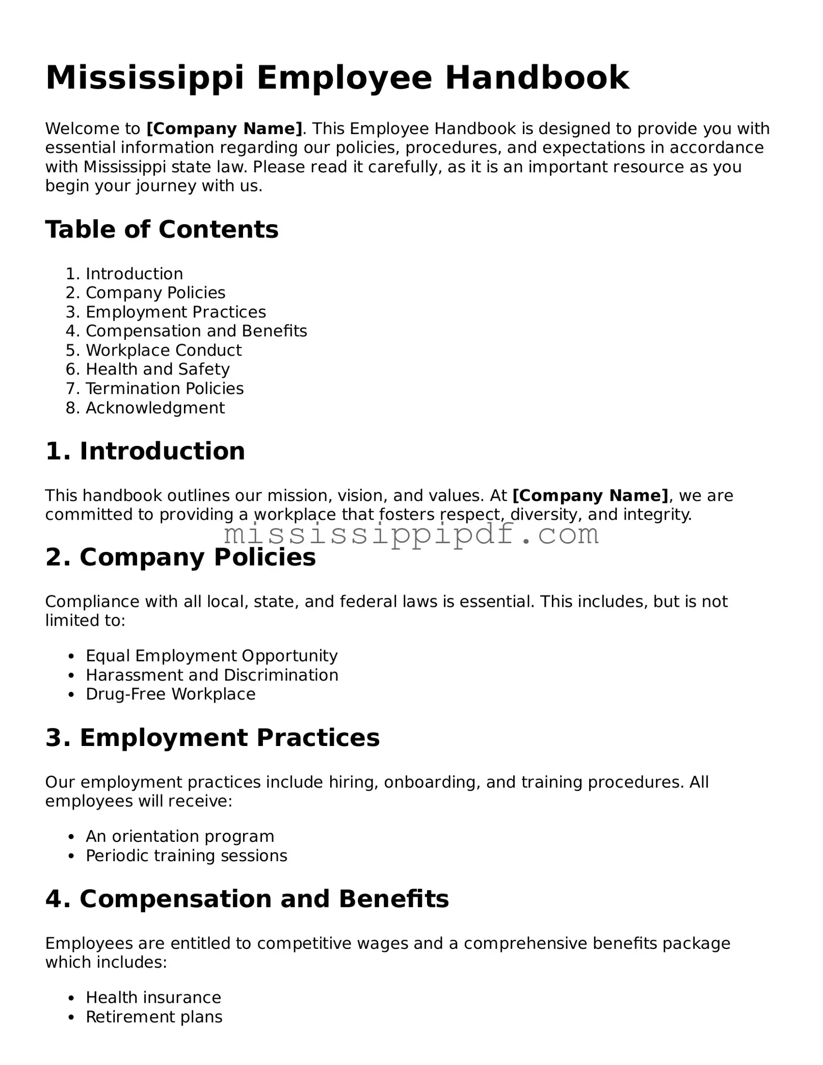 Fillable  Employee Handbook Template for Mississippi
