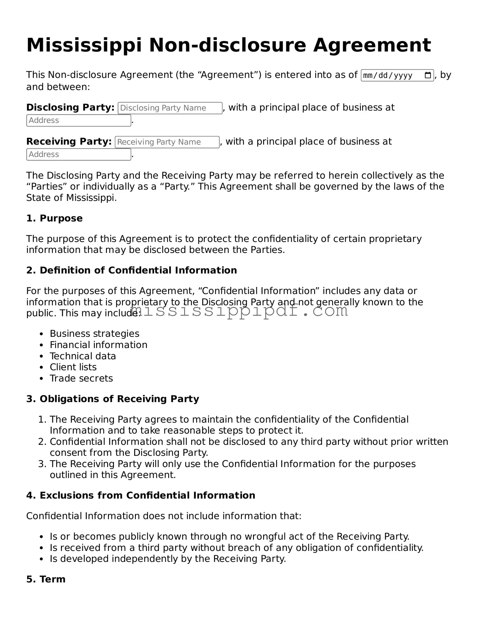 Fillable  Non-disclosure Agreement Template for Mississippi