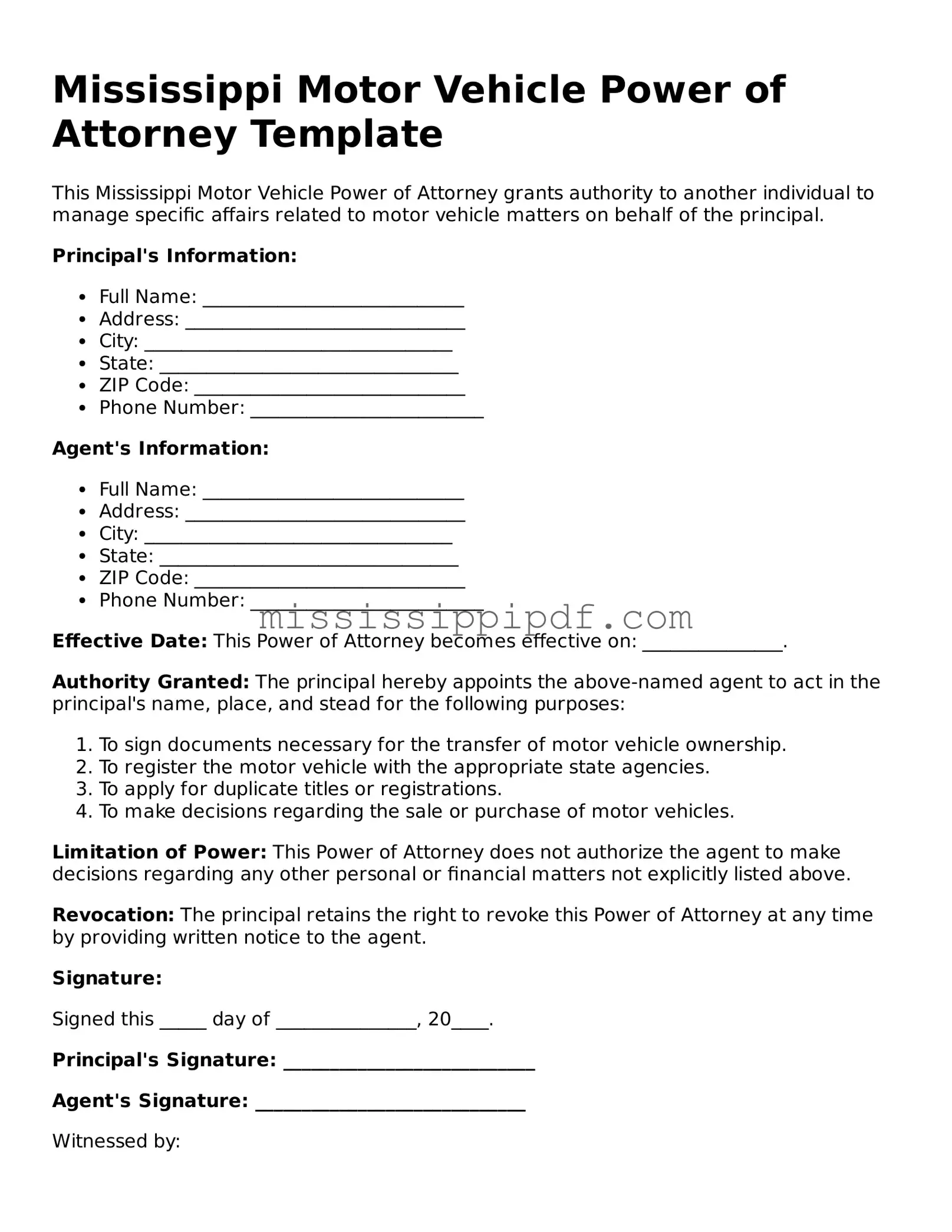 Fillable  Motor Vehicle Power of Attorney Template for Mississippi
