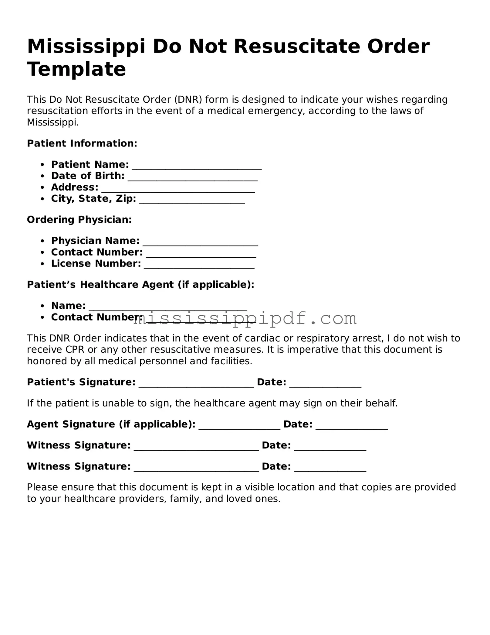 Fillable  Do Not Resuscitate Order Template for Mississippi