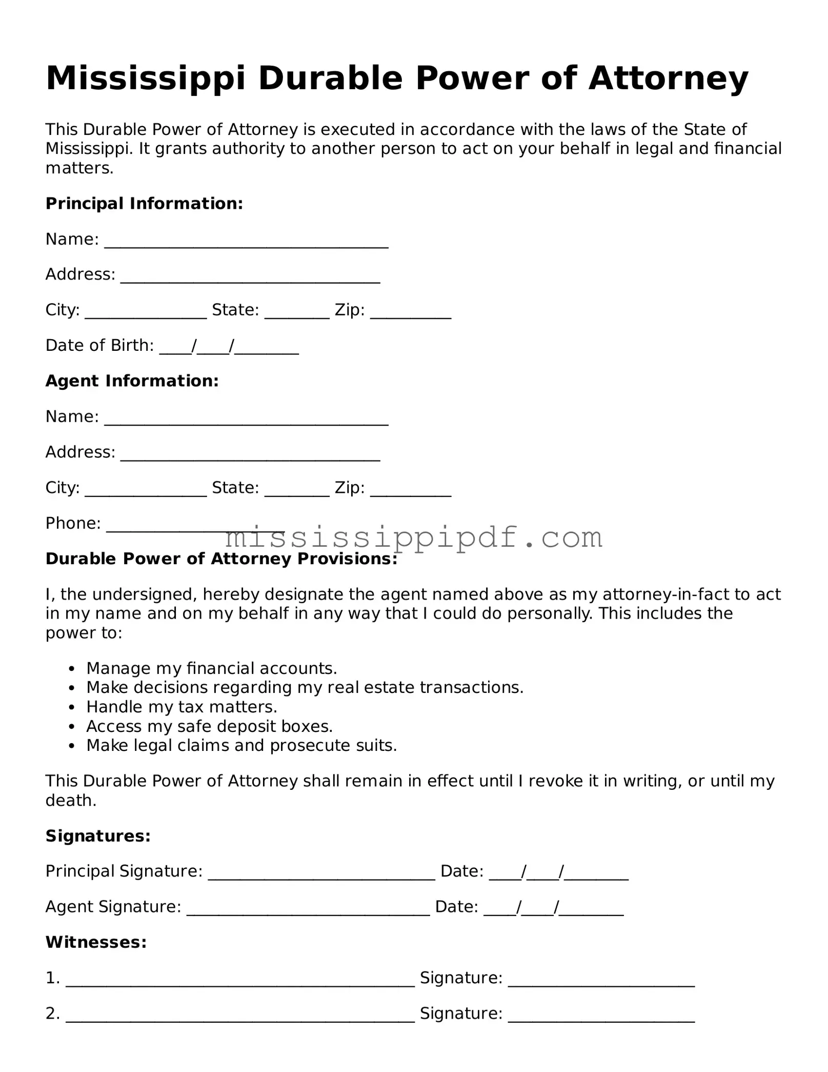Fillable  Durable Power of Attorney Template for Mississippi
