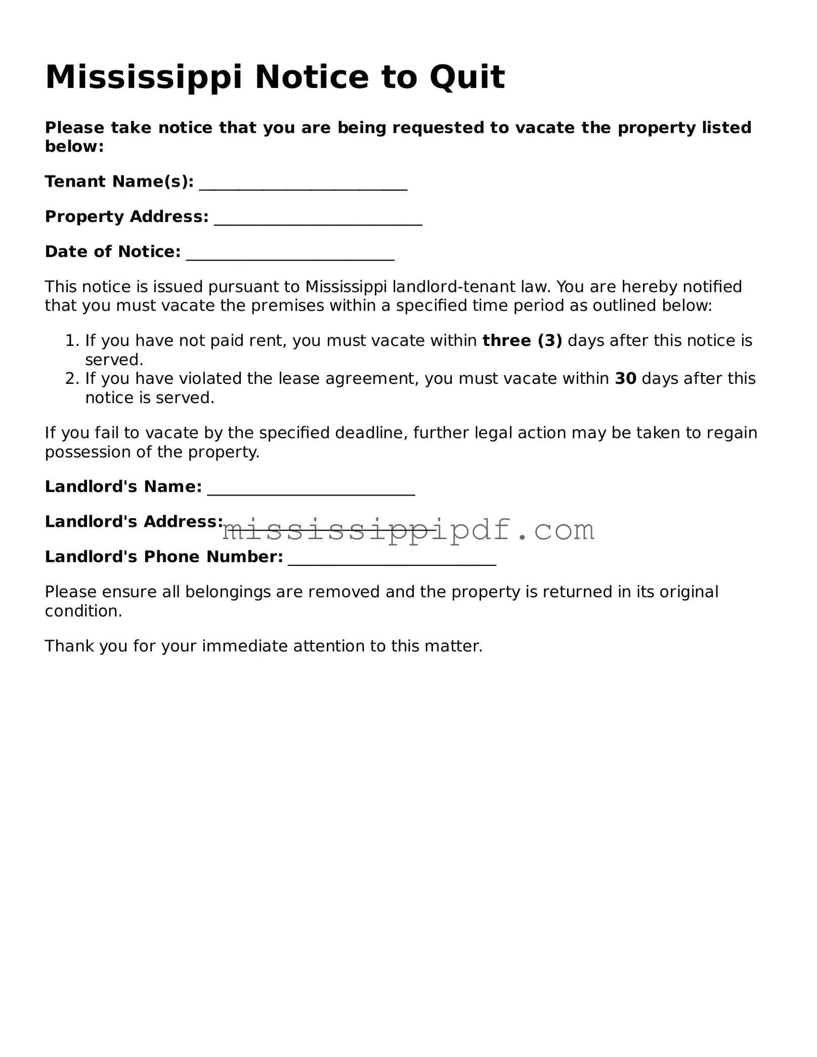 Fillable  Notice to Quit Template for Mississippi
