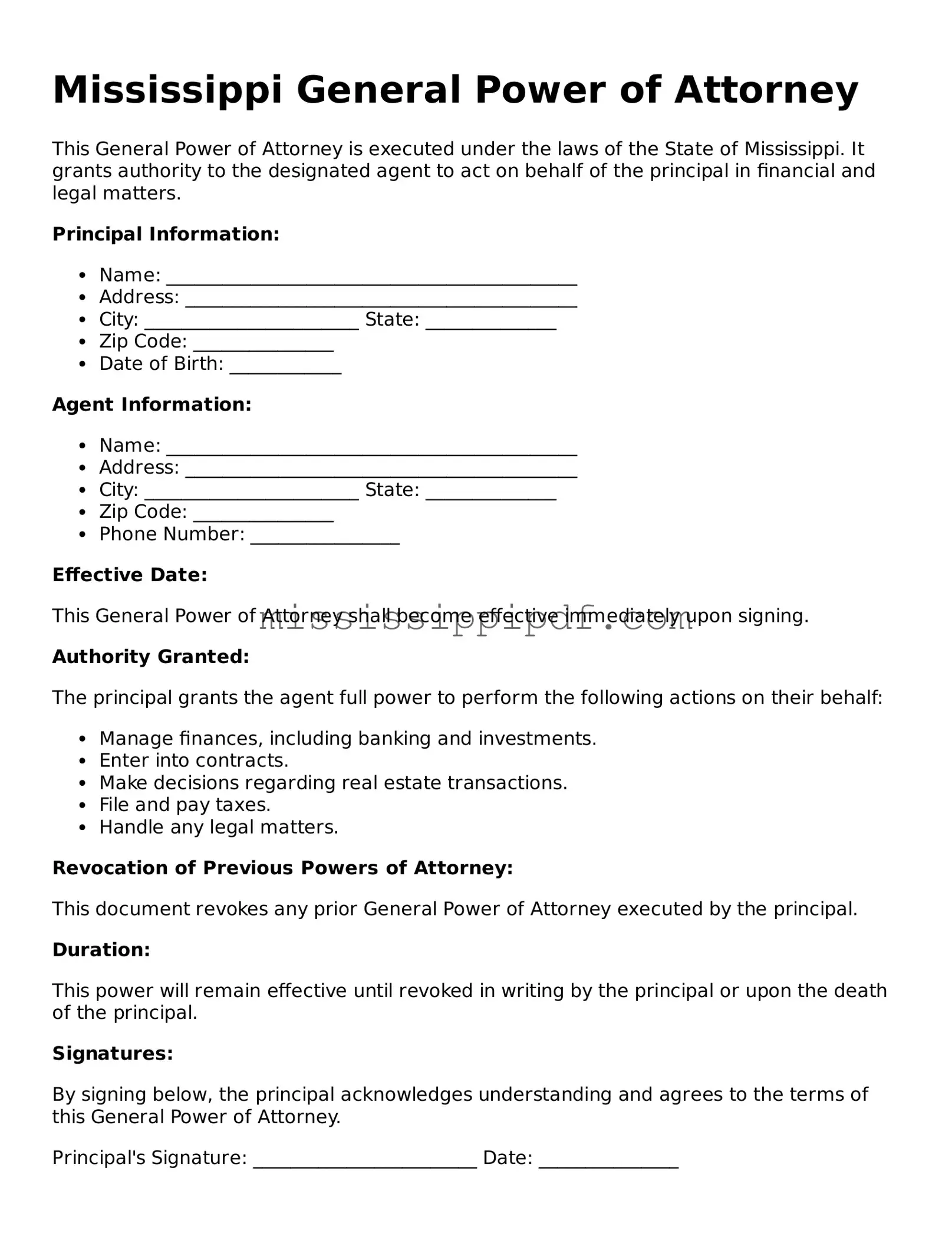 Fillable  General Power of Attorney Template for Mississippi