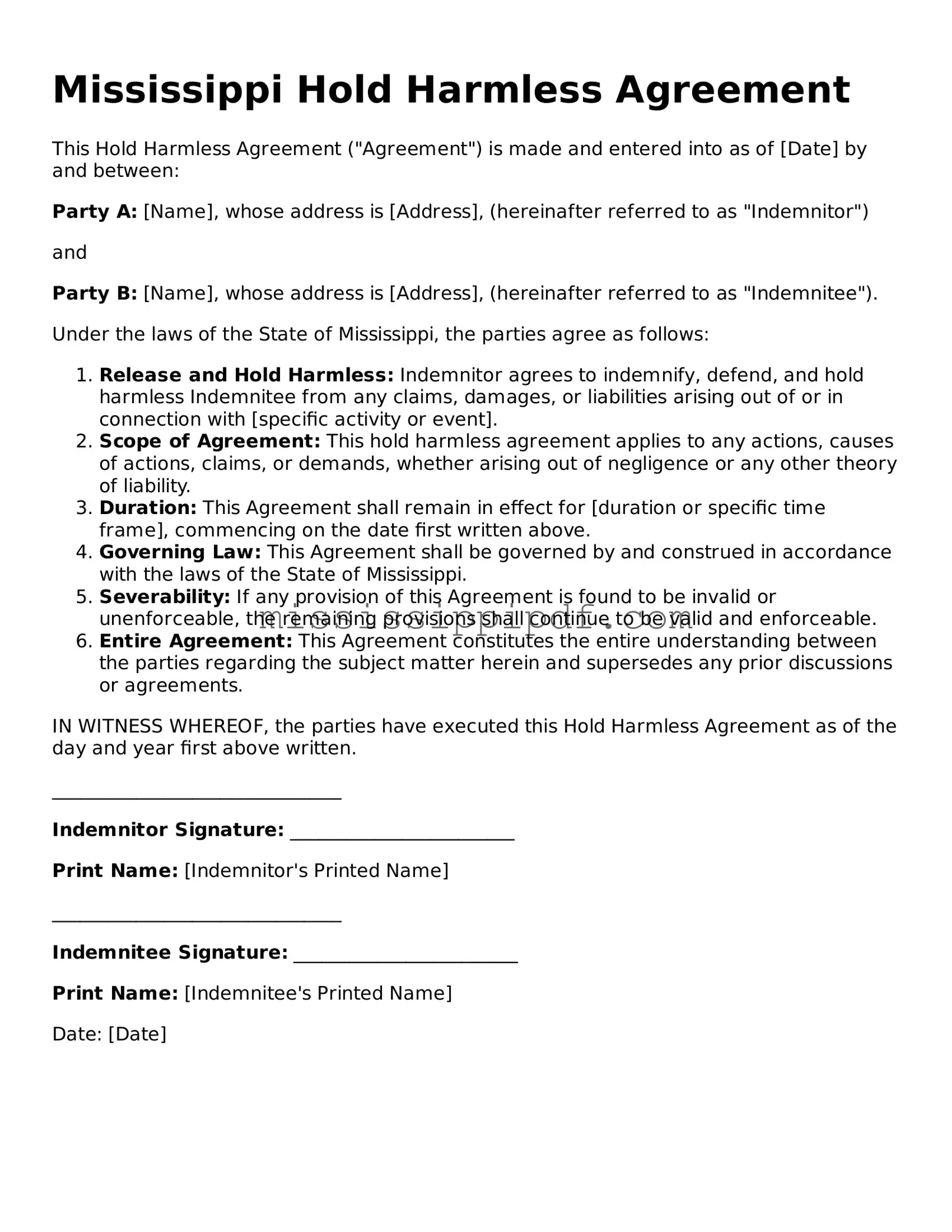 Fillable  Hold Harmless Agreement Template for Mississippi