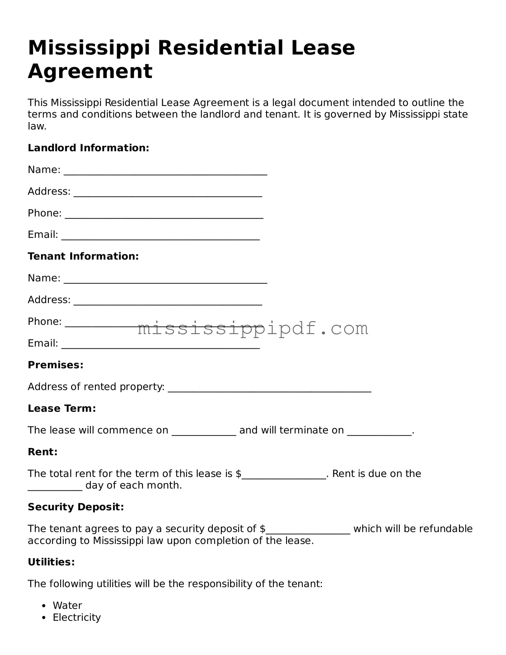 Fillable  Residential Lease Agreement Template for Mississippi