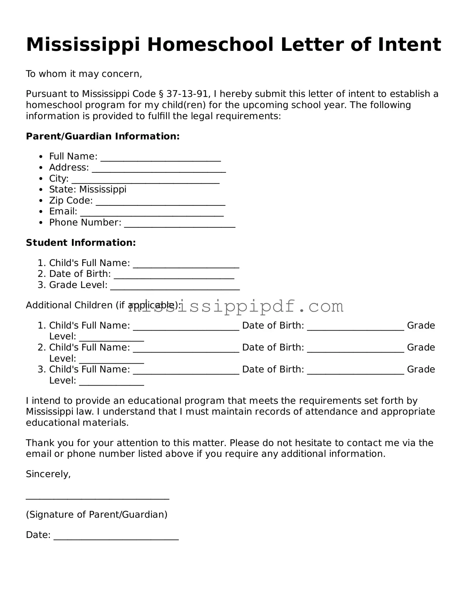 Fillable  Homeschool Letter of Intent Template for Mississippi