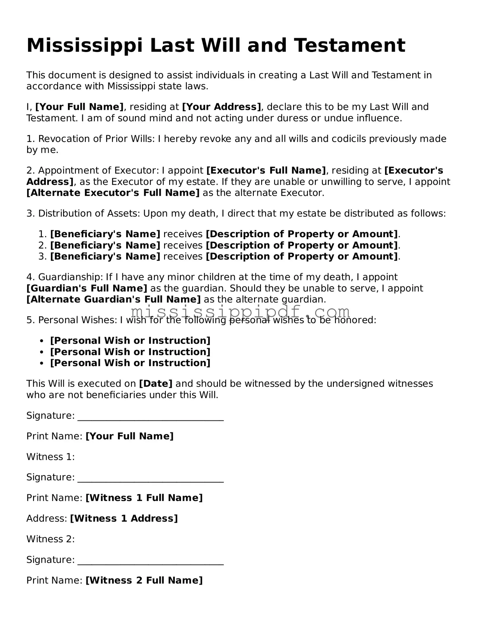 Fillable  Last Will and Testament Template for Mississippi