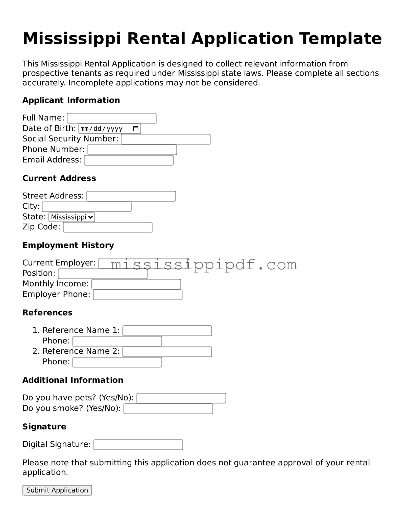 Fillable  Rental Application Template for Mississippi