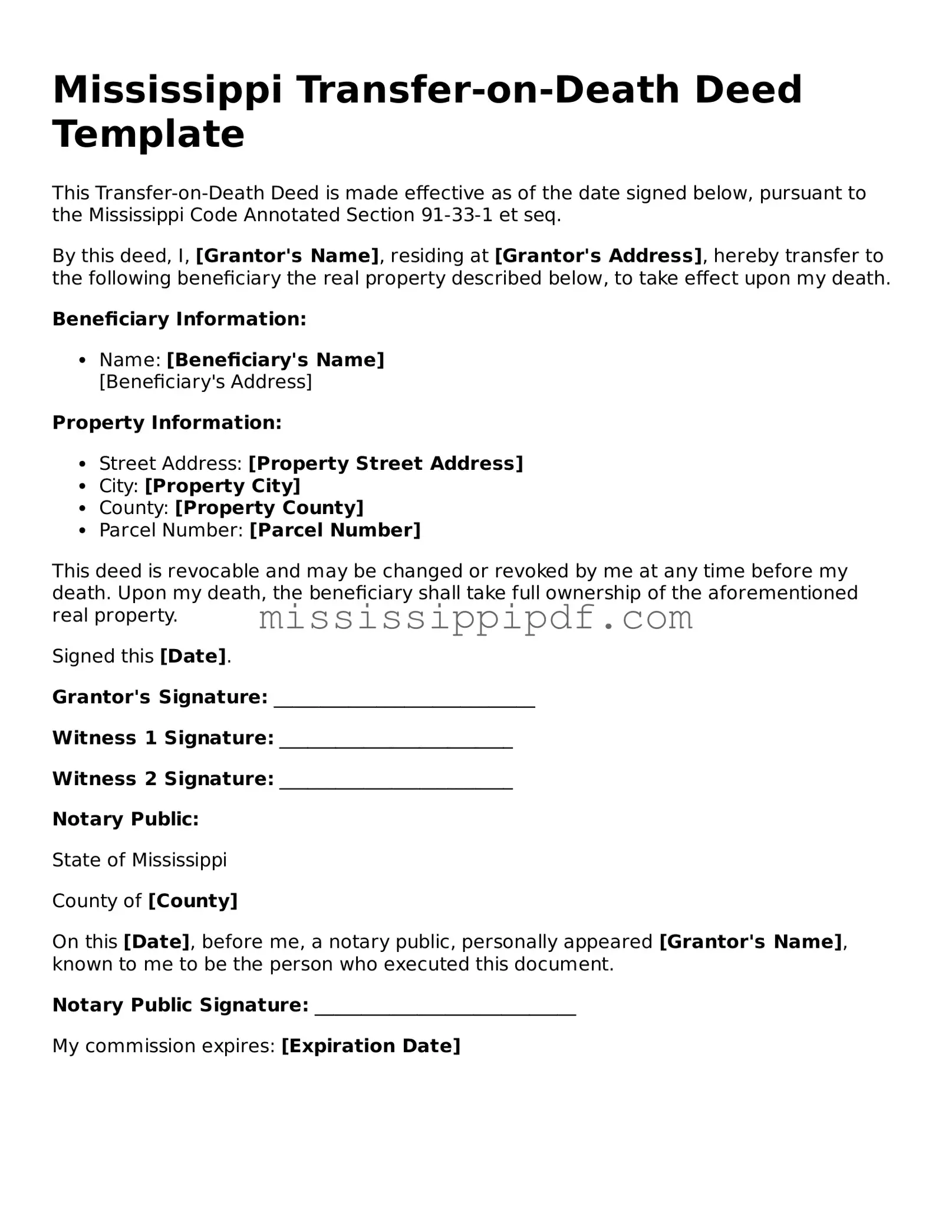 Fillable  Transfer-on-Death Deed Template for Mississippi