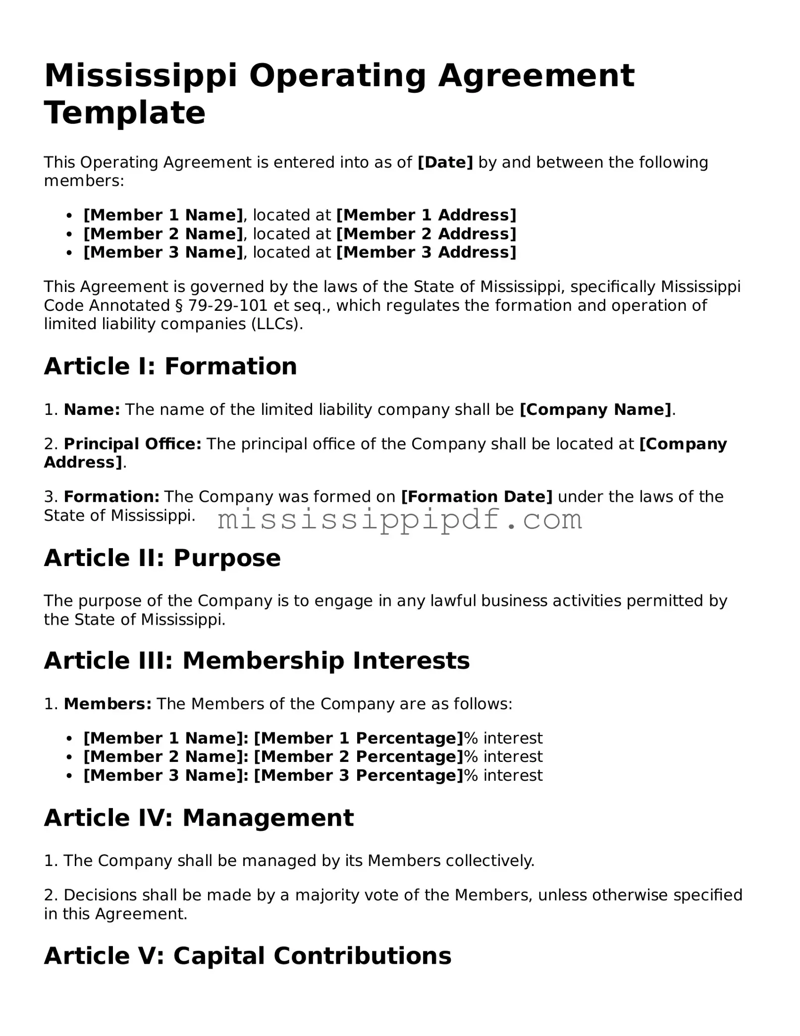 Fillable  Operating Agreement Template for Mississippi