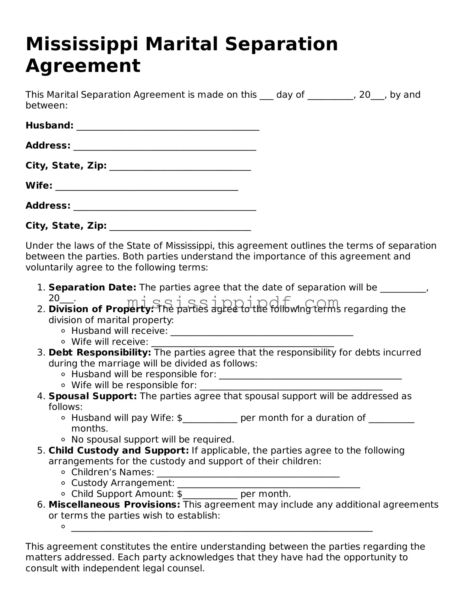 Fillable  Marital Separation Agreement Template for Mississippi