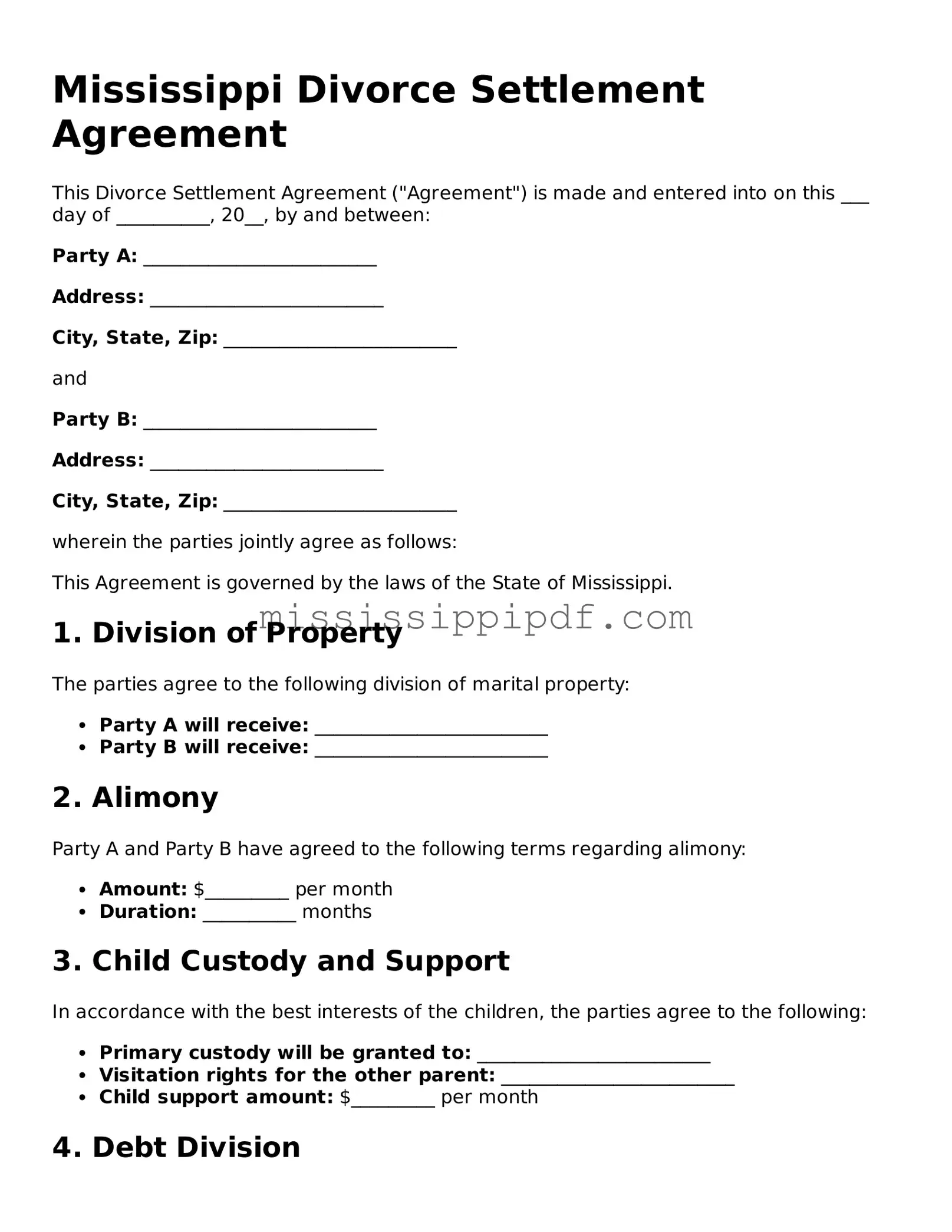 Fillable  Divorce Settlement Agreement Template for Mississippi