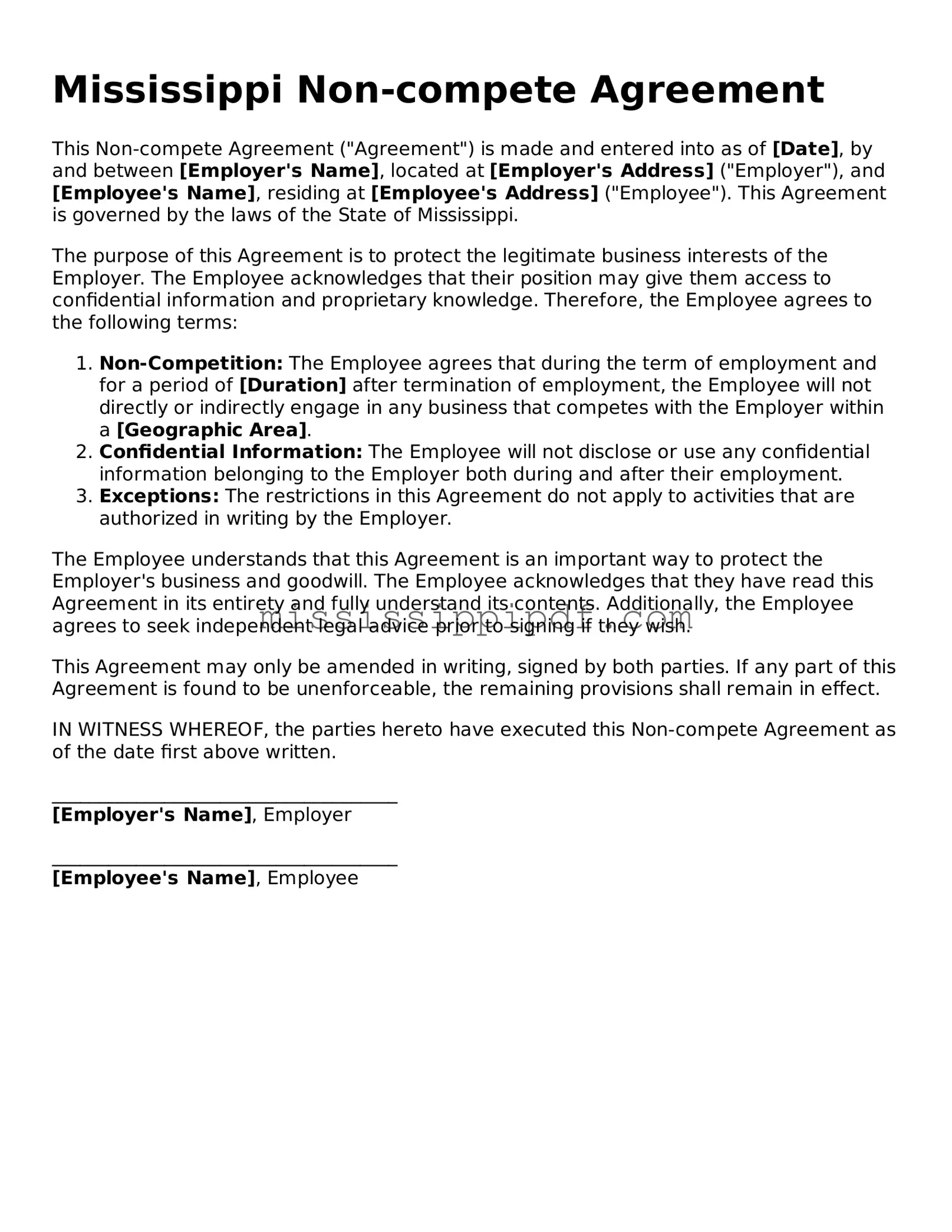 Fillable  Non-compete Agreement Template for Mississippi