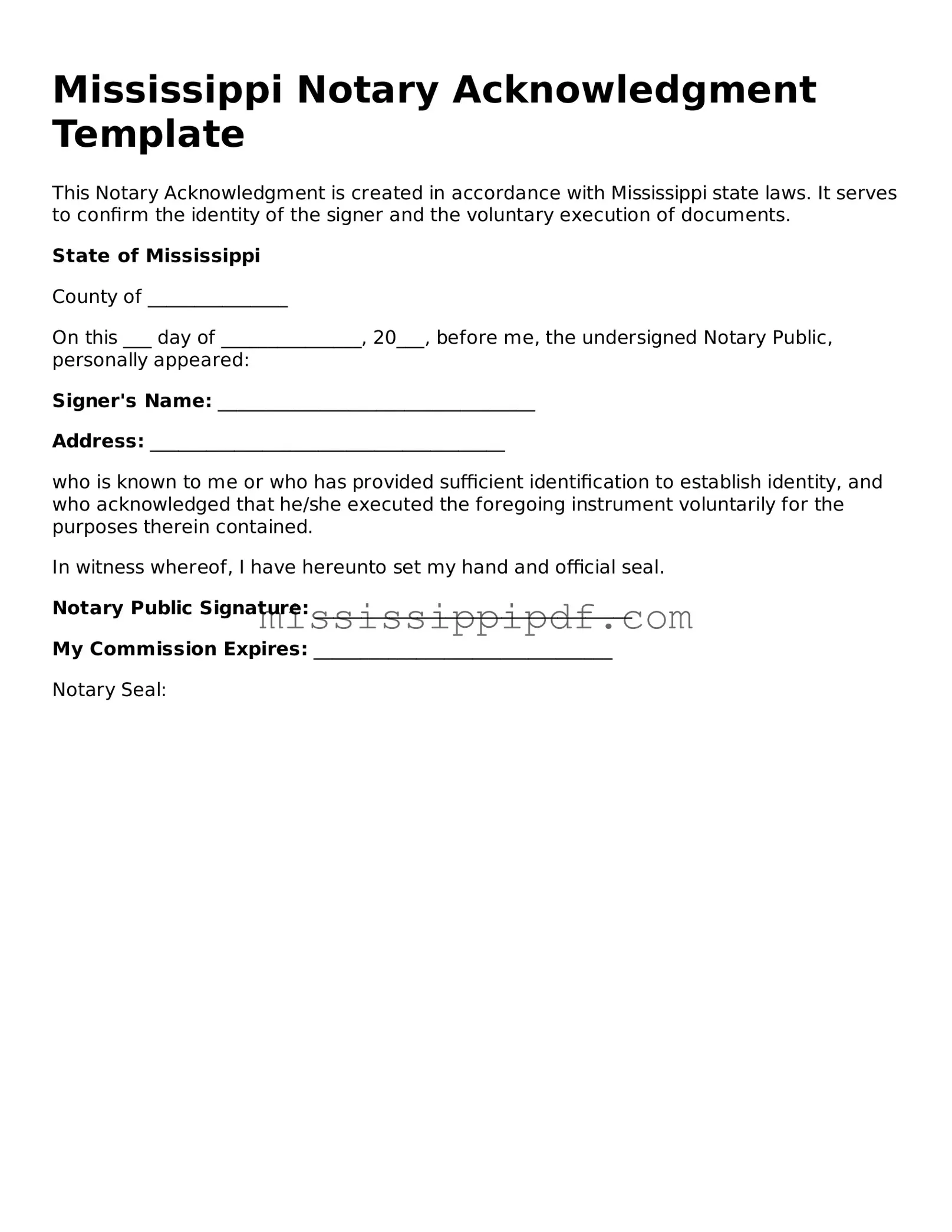 Fillable  Notary Acknowledgement Template for Mississippi