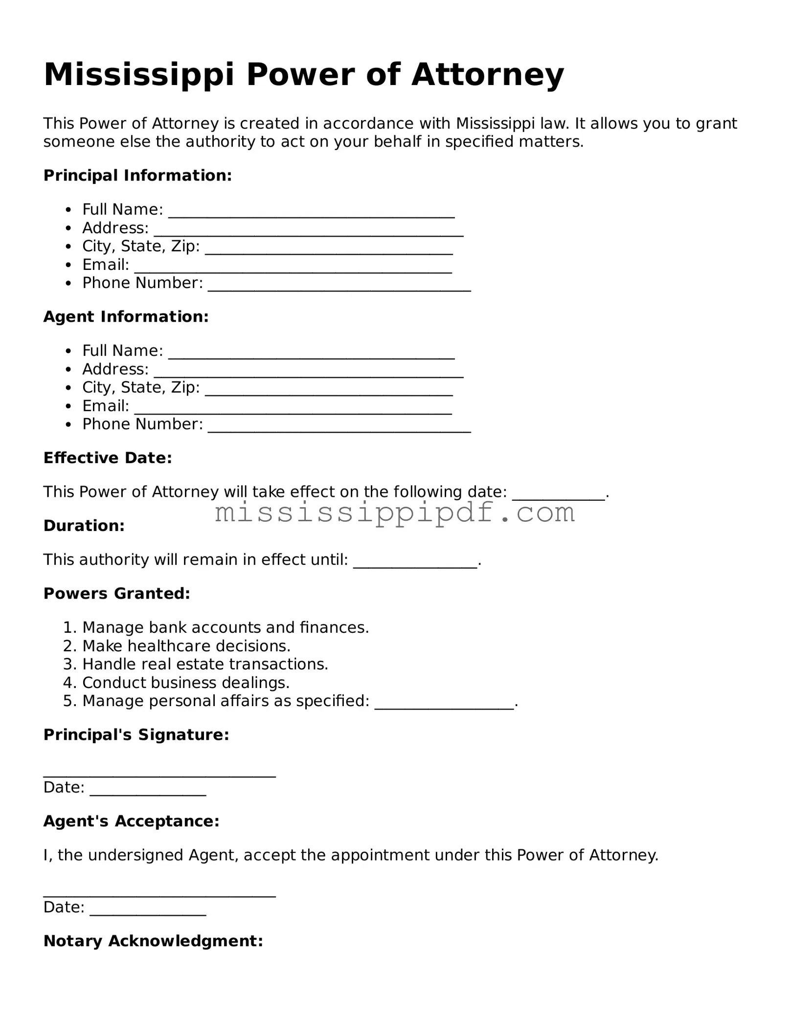 Fillable  Power of Attorney Template for Mississippi