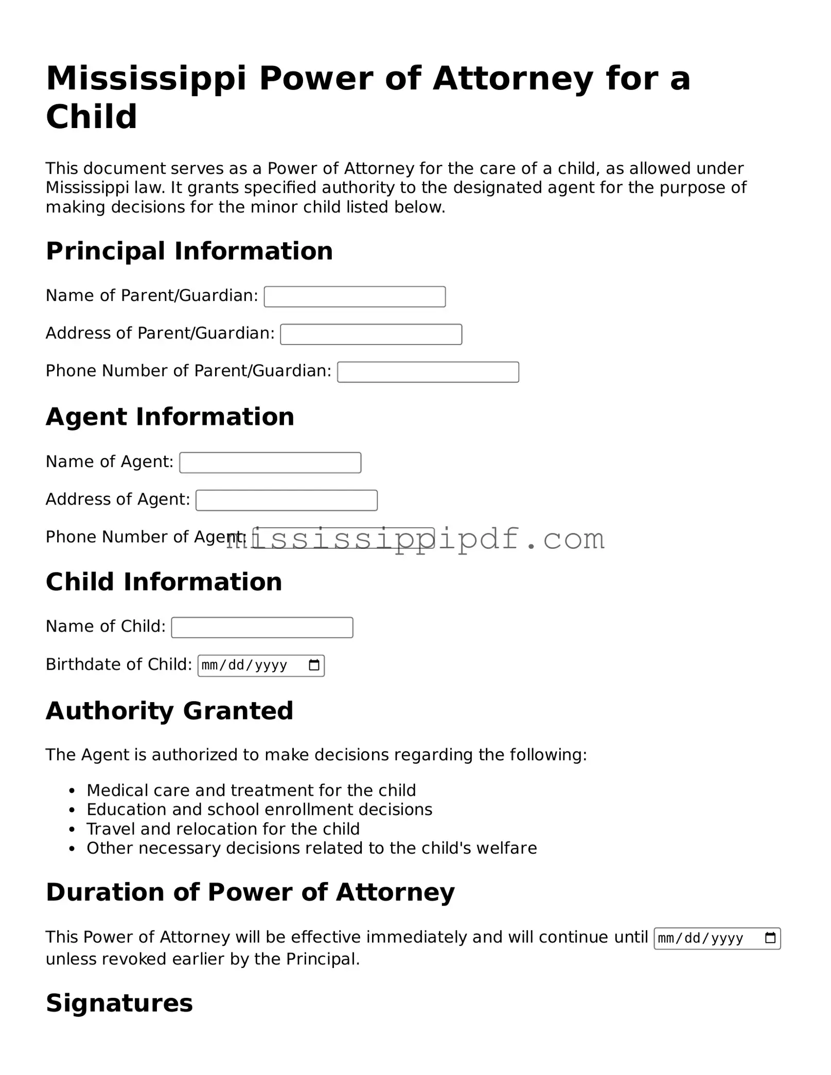 Fillable  Power of Attorney for a Child Template for Mississippi