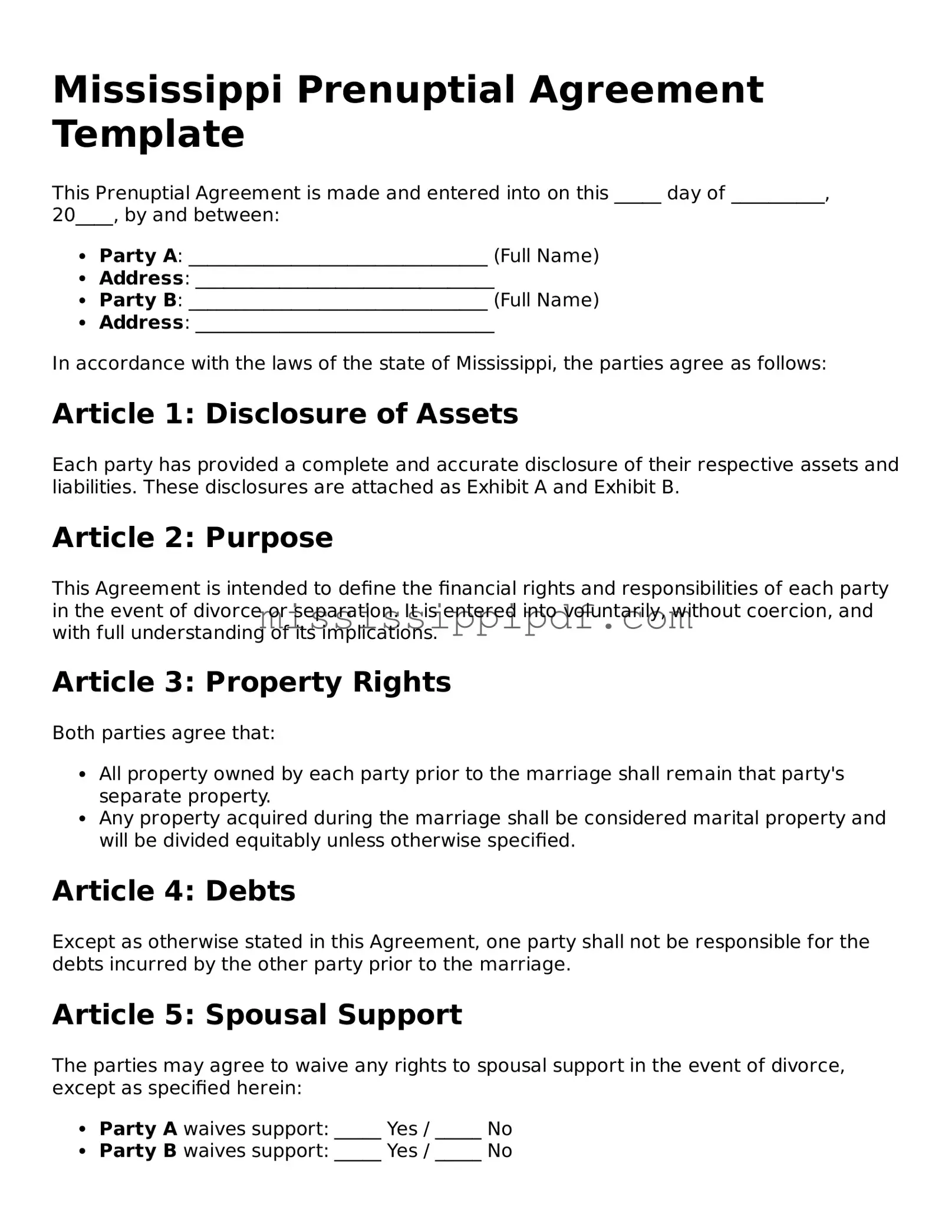 Fillable  Prenuptial Agreement Template for Mississippi