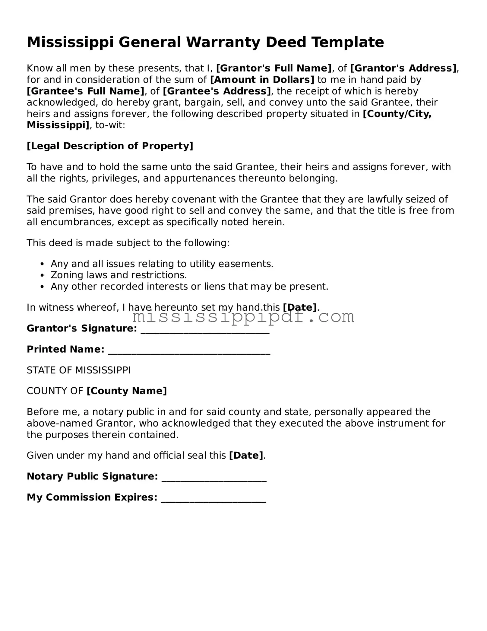 Fillable  Deed Template for Mississippi