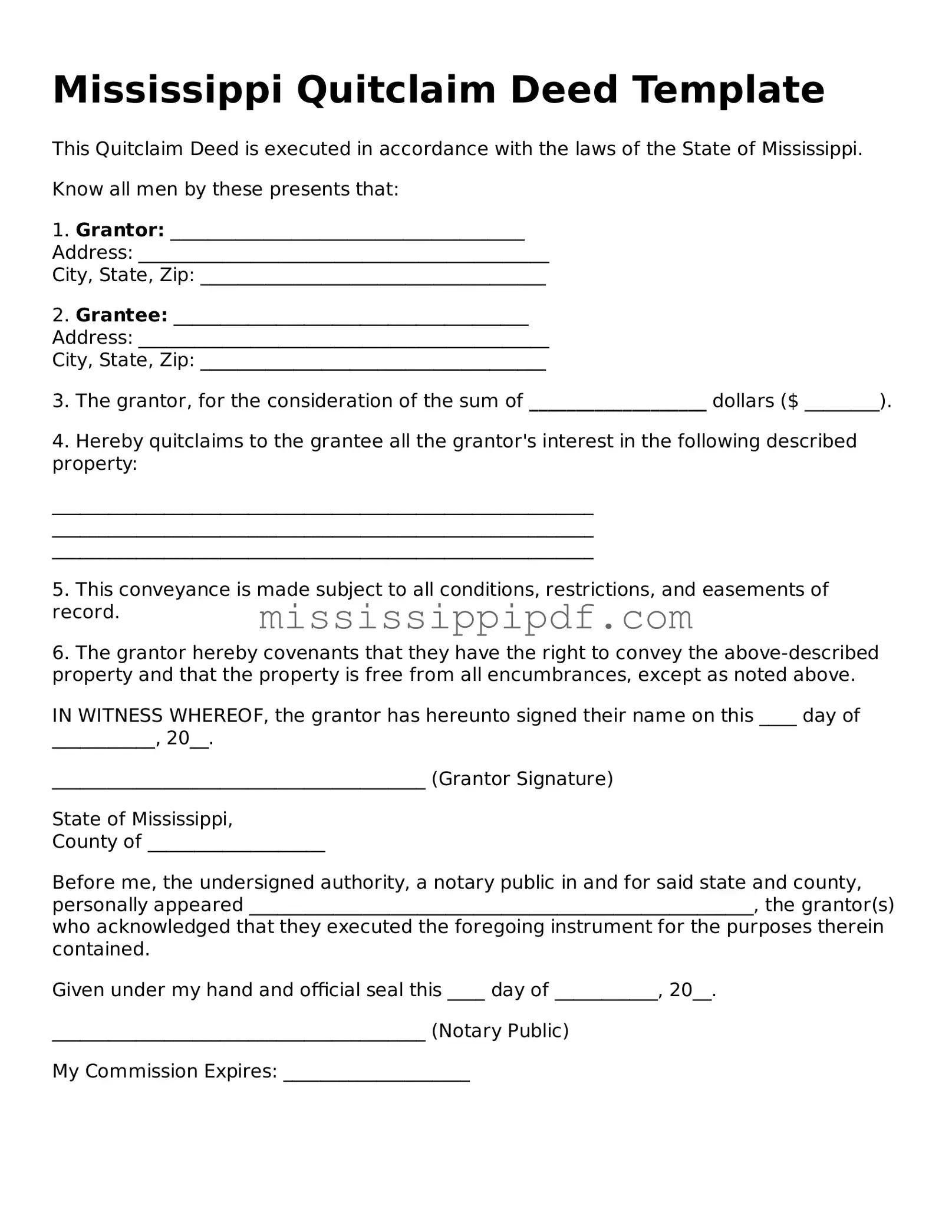 Fillable  Quitclaim Deed Template for Mississippi