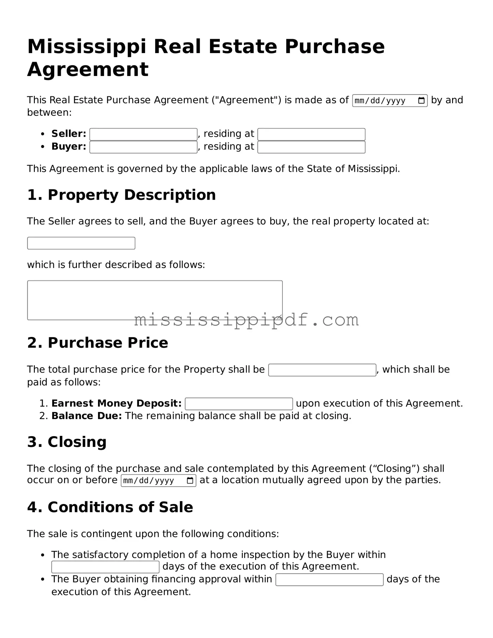 Fillable  Real Estate Purchase Agreement Template for Mississippi