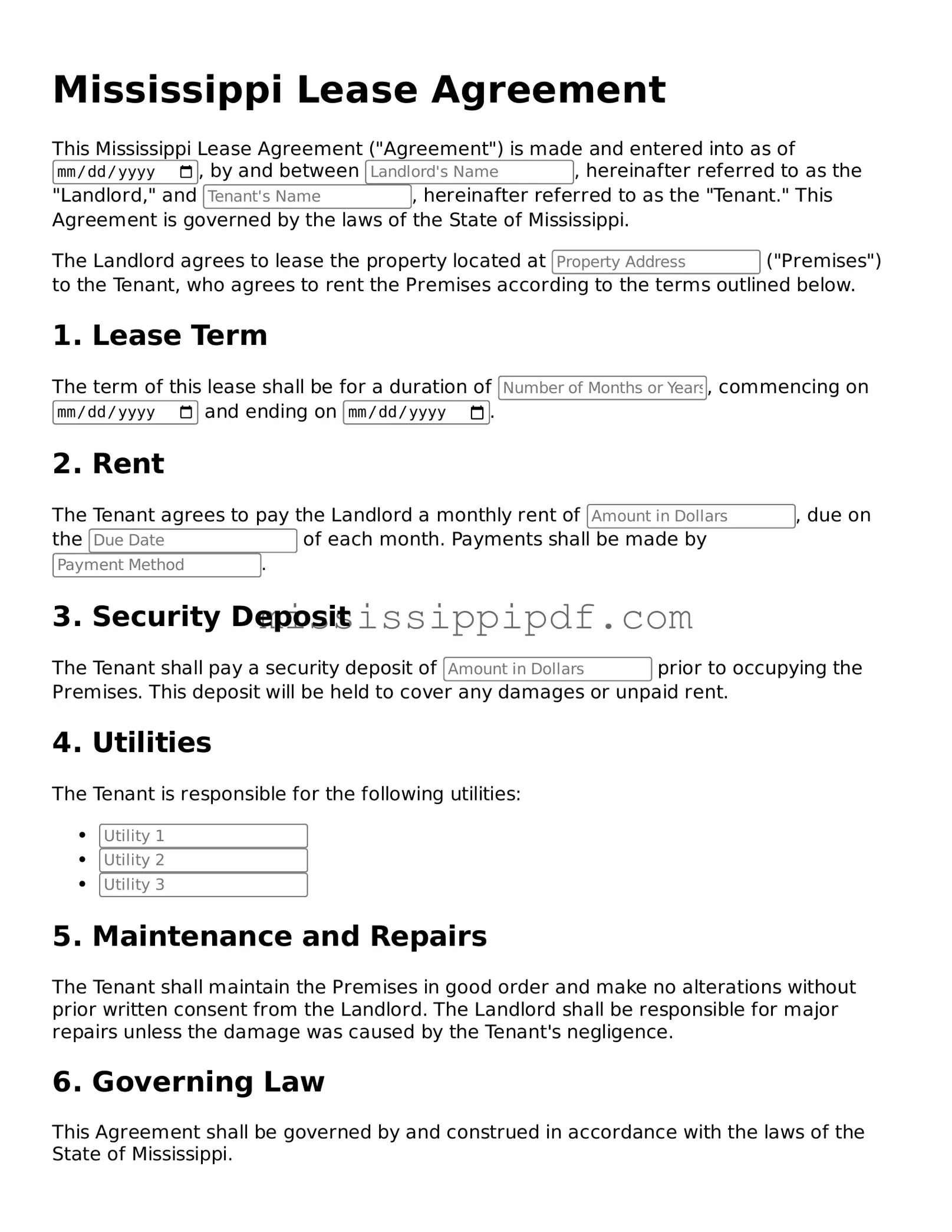 Fillable  Lease Agreement Template for Mississippi