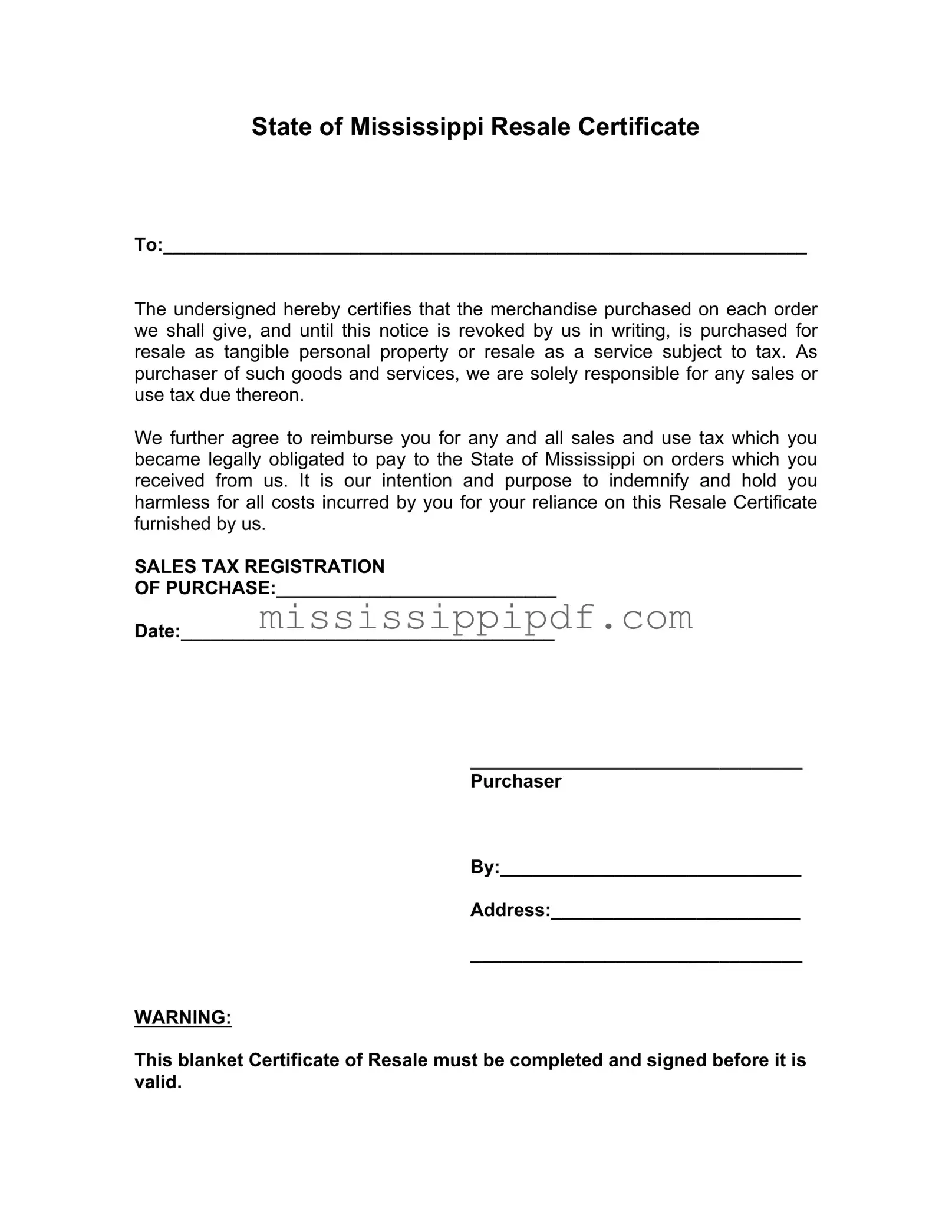 Get Mississippi Resale Certificate Form
