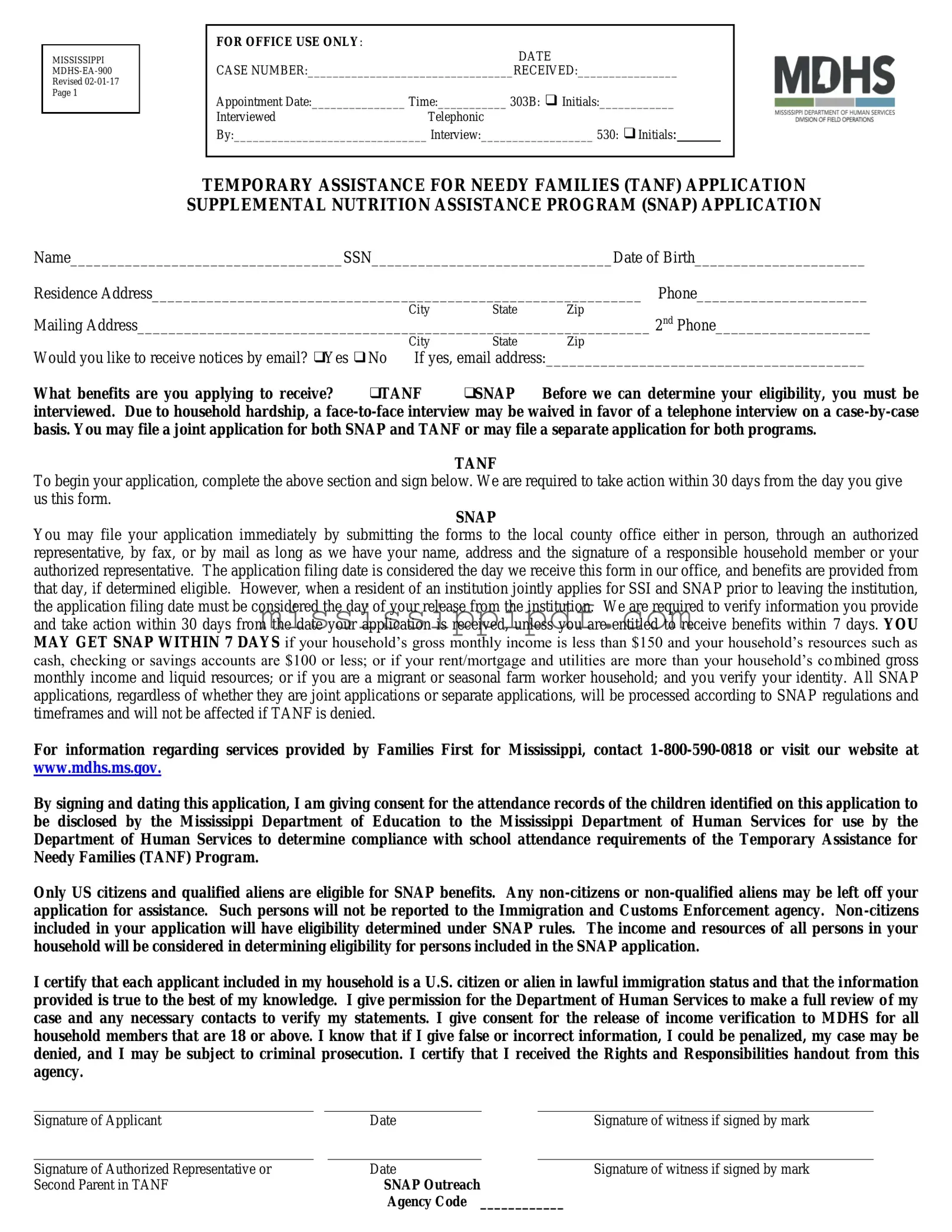 Get Mississippi Snap Application Form