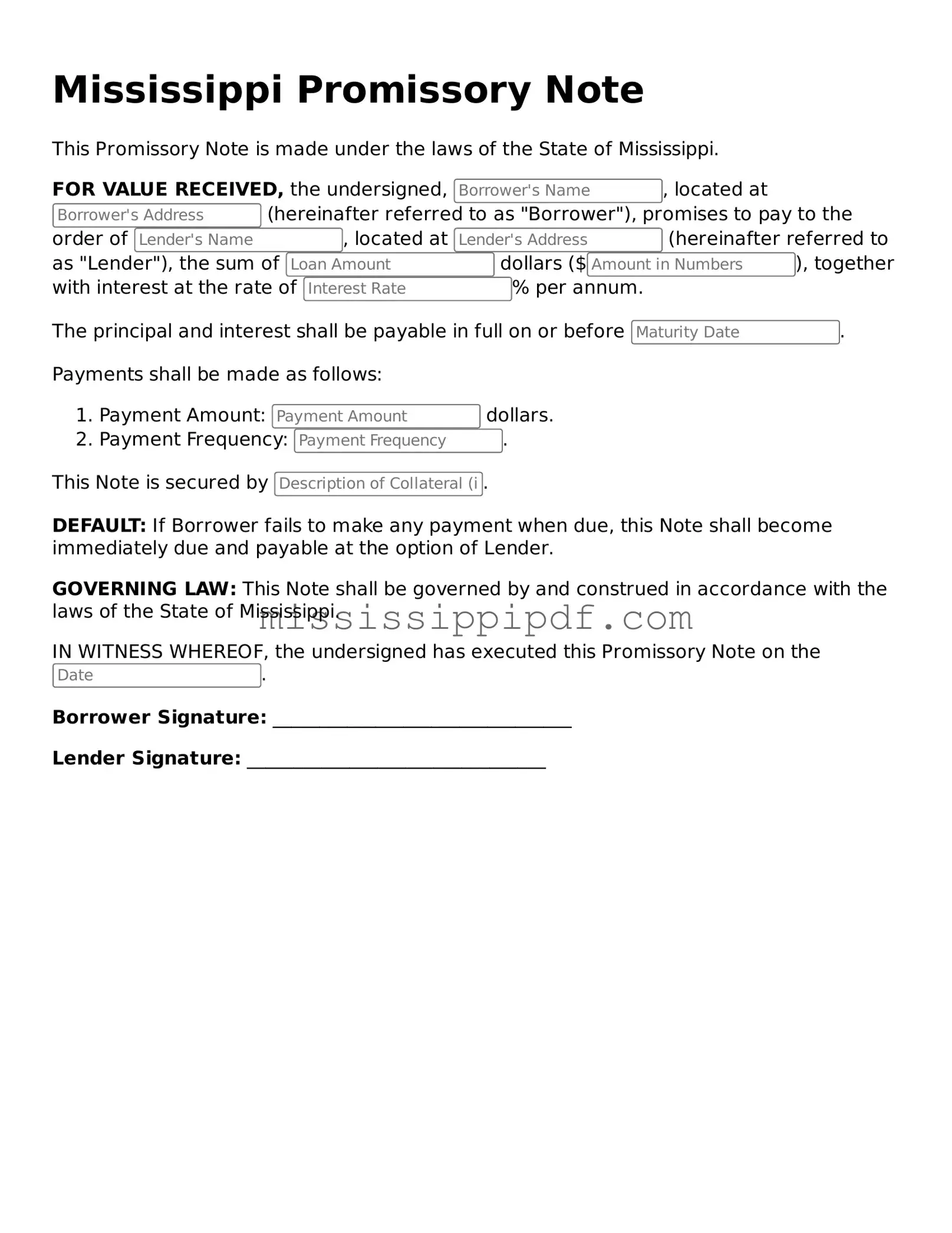 Fillable  Promissory Note Template for Mississippi