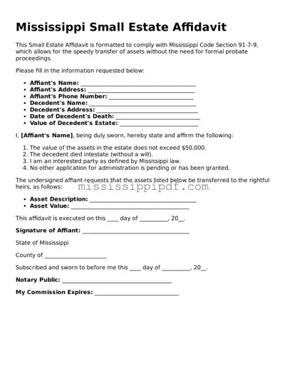 Fillable  Small Estate Affidavit Template for Mississippi