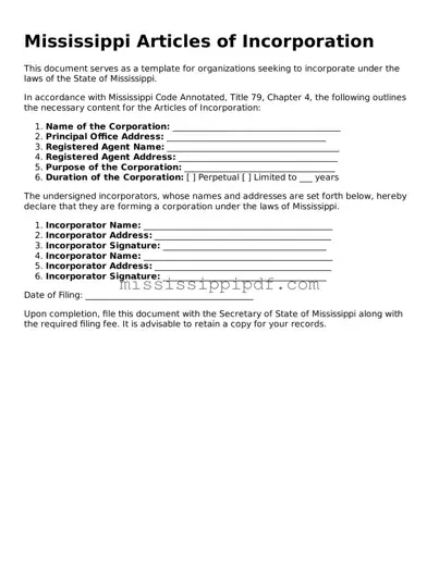 Fillable  Articles of Incorporation Template for Mississippi