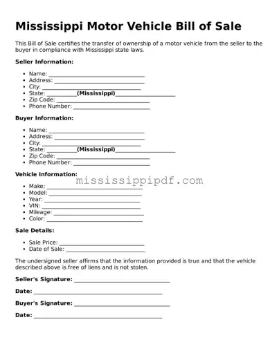 Fillable  Motor Vehicle Bill of Sale Template for Mississippi