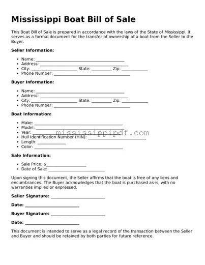 Fillable  Boat Bill of Sale Template for Mississippi