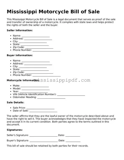 Fillable  Motorcycle Bill of Sale Template for Mississippi