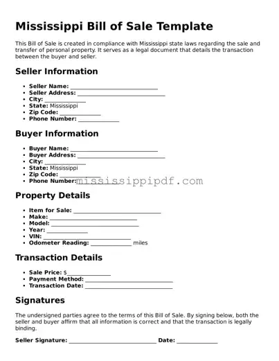 Fillable  Bill of Sale Template for Mississippi