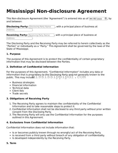Fillable  Non-disclosure Agreement Template for Mississippi