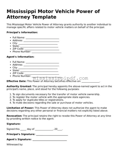 Fillable  Motor Vehicle Power of Attorney Template for Mississippi