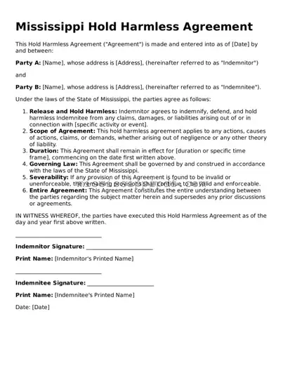 Fillable  Hold Harmless Agreement Template for Mississippi