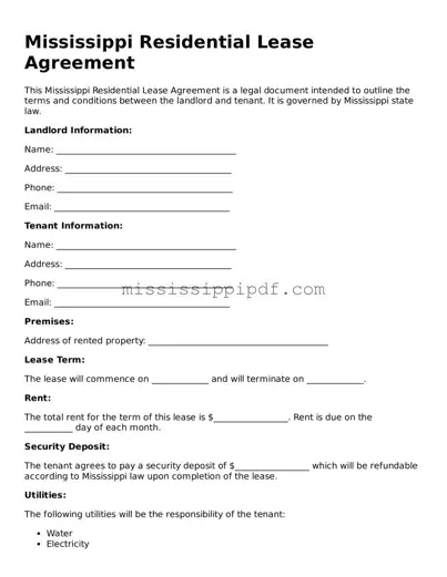 Fillable  Residential Lease Agreement Template for Mississippi