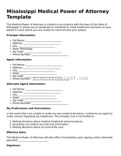 Fillable  Medical Power of Attorney Template for Mississippi