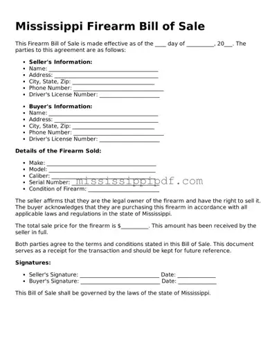 Fillable  Firearm Bill of Sale Template for Mississippi