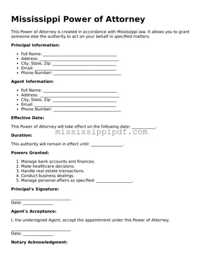 Fillable  Power of Attorney Template for Mississippi